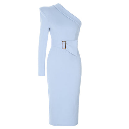 Simple Sexy Oblique Shoulder Irregular Asymmetric Belt Back Slit Slim Dress Women by Ragazza