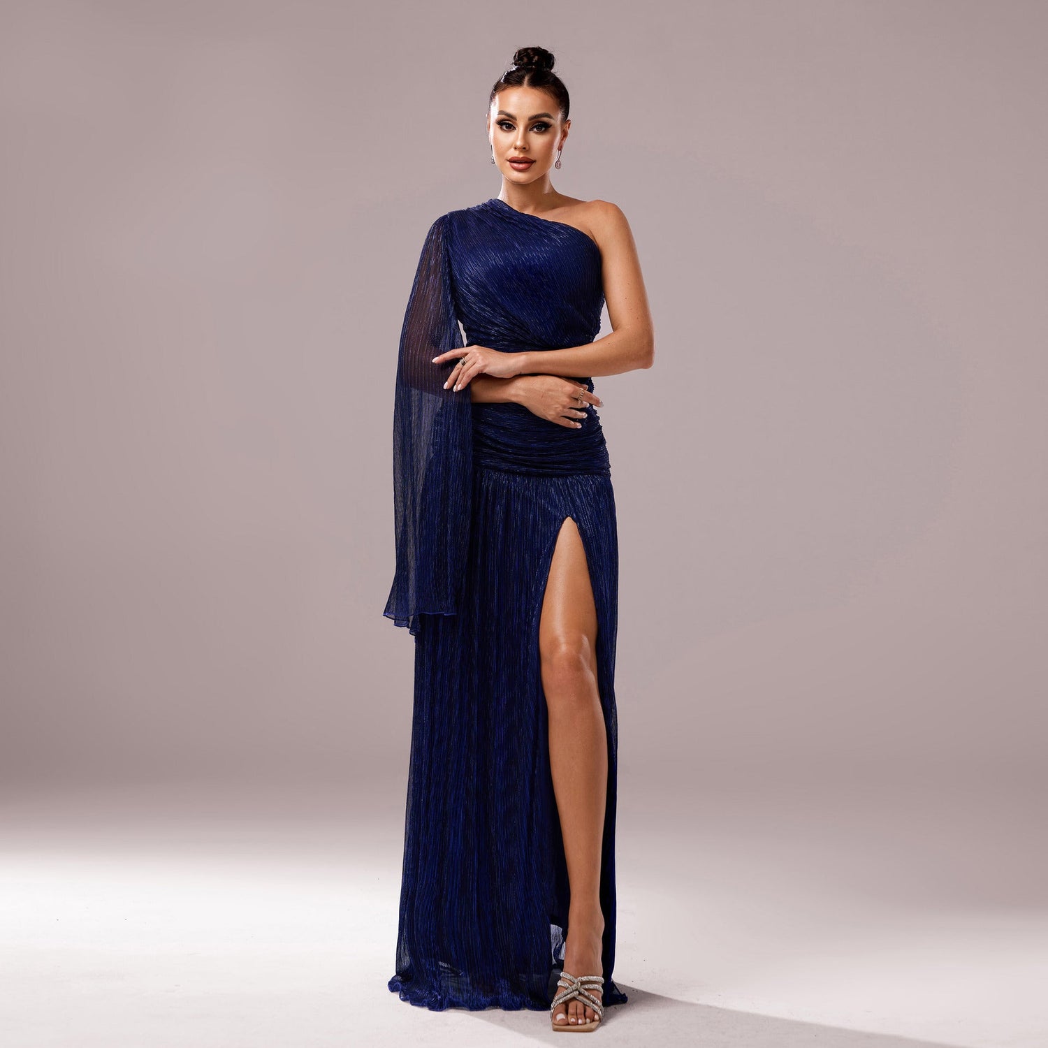 Women Clothing Premium One Shoulder Diagonal Collar Long Sleeve Slim Fit Slit Cocktail Evening Dress by Ragazza