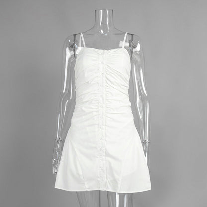 Strap A line White Dress Summer Slim Fit Pleated Sleeveless Backless Short Dress  DestGlow
