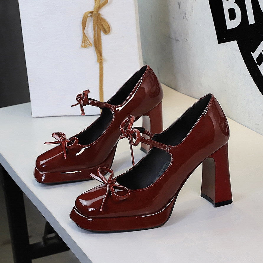 Sexy Patent Leather Bow Buckle Waterproof Platform Super High Heel Not Tired Feet Shoes  DestGlow