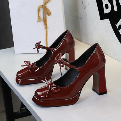 Sexy Patent Leather Bow Buckle Waterproof Platform Super High Heel Not Tired Feet Shoes  DestGlow