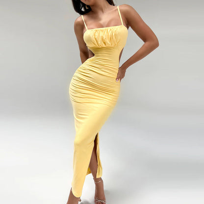 Women Cami Dress Sexy Backless Ruffle Hip Side Slit Maxi Dress by Ragazza