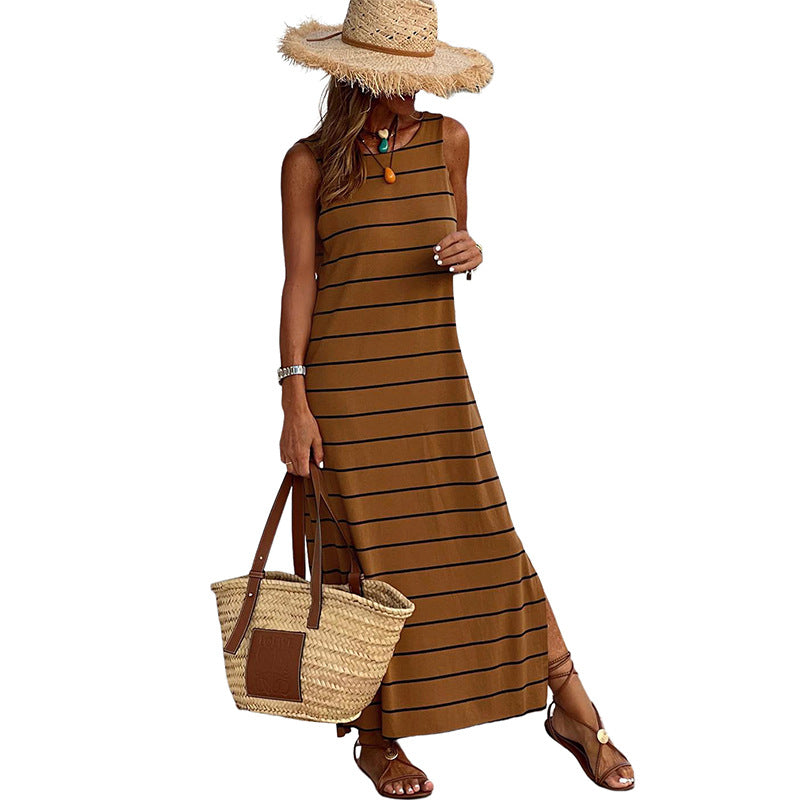 Summer Stripes Printed Vest Dress round Neck Sleeveless High Waist Slim Low Collar Maxi Dress by Ragazza