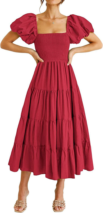 Summer Women Clothing Square Collar Backless Puff Sleeve Pleated Short Sleeves Dress by Ragazza