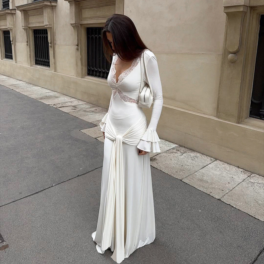 Spring Women Elegant Dress Elegant Design Sexy Lace Stitching Slim Fit Maxi Dress by Ragazza