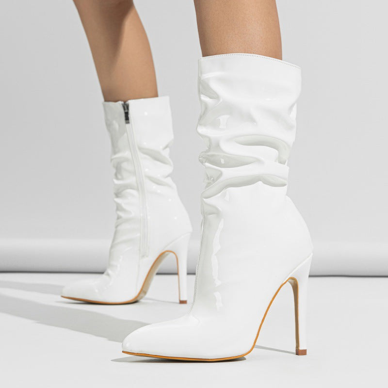 Supply Pointed Stiletto Heel Pile Boots Patent Leather Nude Shoes Short High Heel Riding Boots  DestGlow