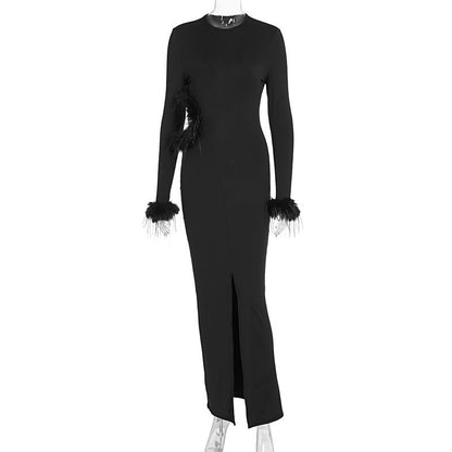 Women Maxi Dress Dignified Hollow Out Cutout Slim Feather Decoration Long Sleeve Autumn Winter Dress Women by Ragazza