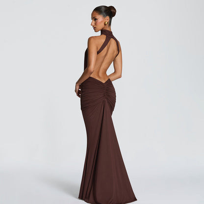 Halter Pleated Slim Fit Maxi Dress High Neck Sexy Backless Cocktail Dress  DestGlow