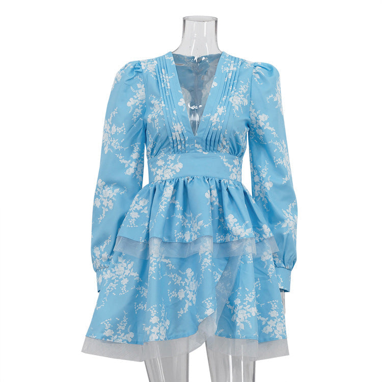 Women Clothing Pleated V neck Printed Dress Long Sleeve Tight Waist Graceful Fashionable A line Dress by Ragazza