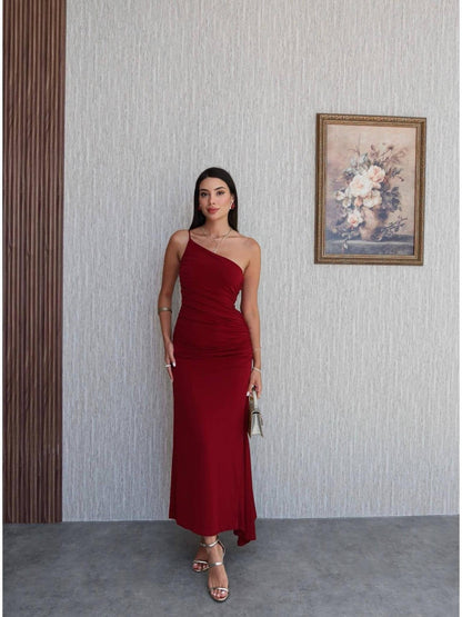 Women Clothing Summer Single Shoulder Sloping Shoulder Pleated Sexy Slim Irregular Asymmetric Dress by Ragazza