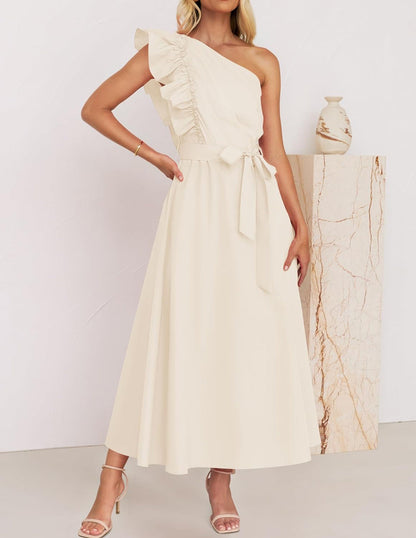 Women Maxi Dress Oblique Shoulder Wooden Ear Belt Dress Bridesmaid Toast Dress by Ragazza