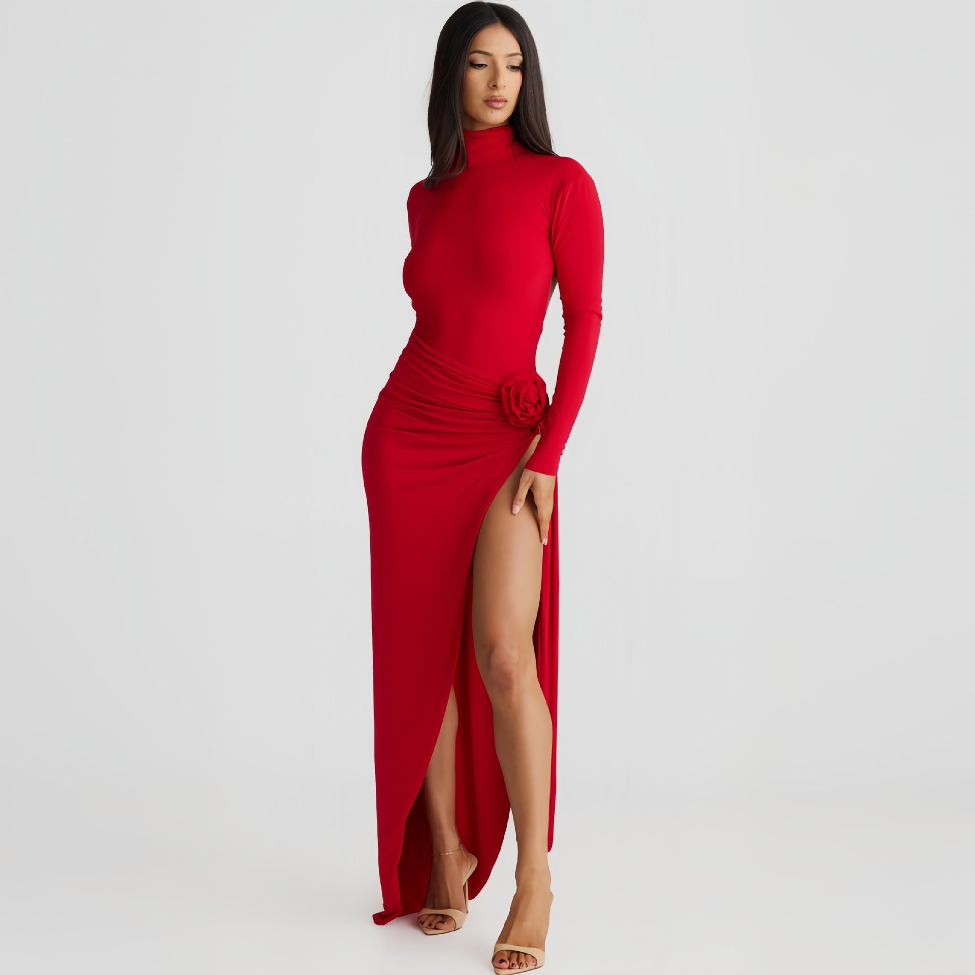Autumn Women High Collar Backless Long Sleeves Jumpsuit Sexy Slit Dress  DestGlow