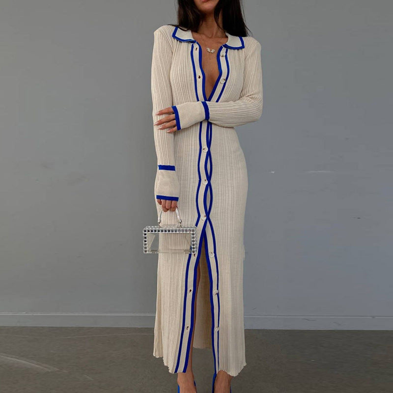 Slim Collared Patchwork Women Long Sleeved Cardigan Dress by Ragazza