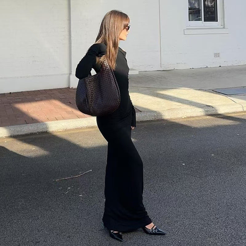Sexy Women Clothing Sloping-Shoulder off the Shoulder Long Sleeve Slim Fit Pleated Long Socialite Dress by Ragazza