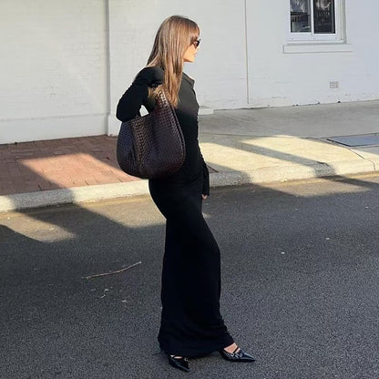 Sexy Women Clothing Sloping-Shoulder off the Shoulder Long Sleeve Slim Fit Pleated Long Socialite Dress by Ragazza