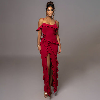 Spring Sexy Solid Color Backless Slit Splicing Sling Maxi Dress by Ragazza