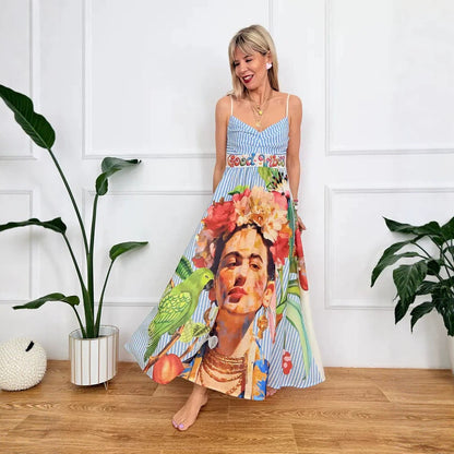 Dress Positioning Printed V neck A Swing Strap Dress for Women by Ragazza