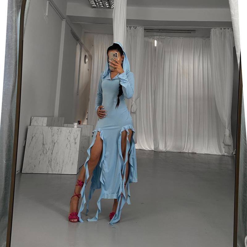 Summer Popular Trend Ruffled Stitching Long Sleeve Hooded Irregular Asymmetric Dress by Ragazza