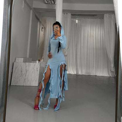 Summer Popular Trend Ruffled Stitching Long Sleeve Hooded Irregular Asymmetric Dress by Ragazza