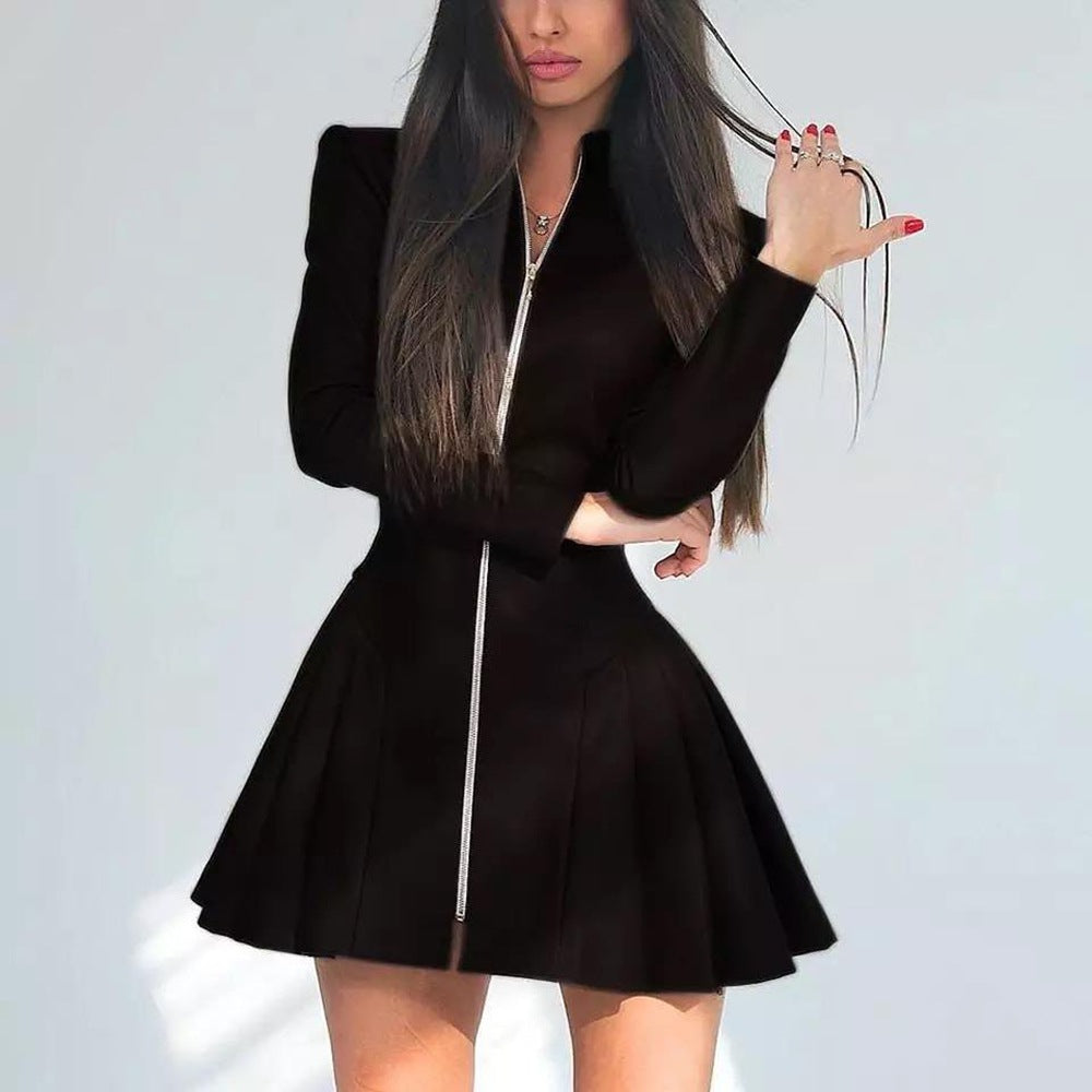 Women Fashionable Fitted Long Sleeve Pleated Faux Leather Zipper Dress by Ragazza