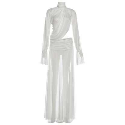 Winter Women Clothing Sexy See through Turtleneck Bell Sleeve Top Split Skirt Two Piece Sets by Ragazza