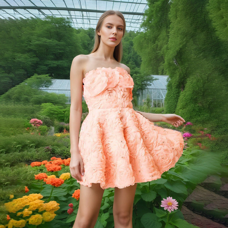 Autumn Floral Shaped Texture Design Slim Fit Sexy Figure Flattering Tube Top Bud Short Dress Women  DestGlow