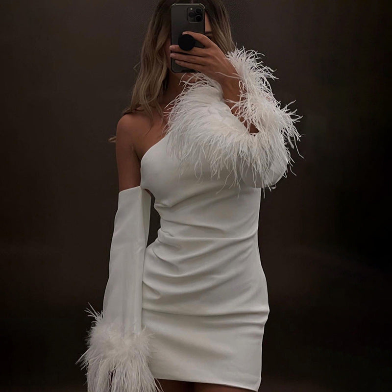 Arrival Sexy Slim Fit Dress One Shoulder Design Stitching Horn Furry Sleeves Short Dress by Ragazza