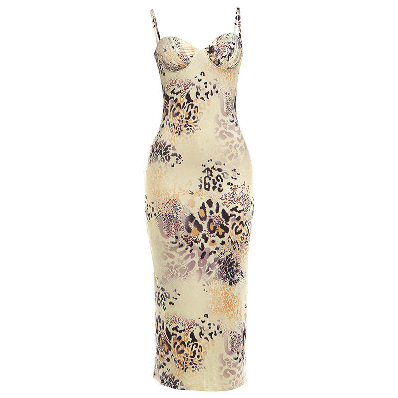 Summer Women Sexy Sleeveless Sling Low Collar Irregular Asymmetric Pattern Print Slim Dress  DestGlow