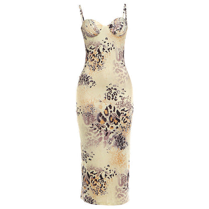 Summer Women Sexy Sleeveless Sling Low Collar Irregular Asymmetric Pattern Print Slim Dress  DestGlow