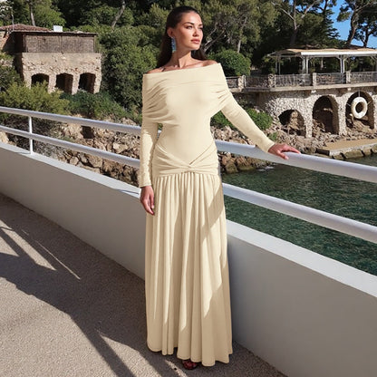 French Women Autumn off Neck Cinched Pleated Long Sleeve Dress by Ragazza
