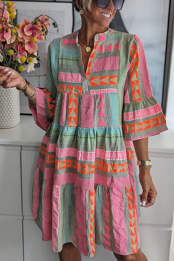 Women Stand Alone Autumn Clothing Printed V-neck Three Quarter Sleeve Dress by Ragazza