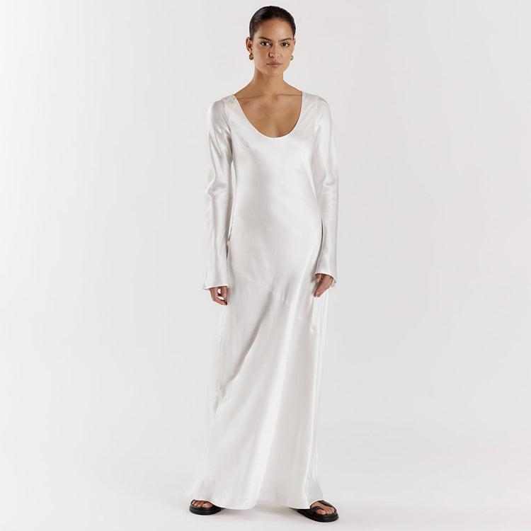 Autumn Winter Maxi Dress Women Solid Color Satin Round Neck Long Sleeve Loose Casual Dress by Ragazza