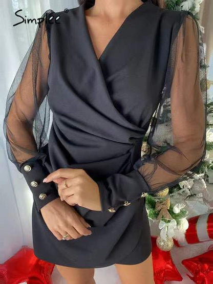 Spring Summer V neck Slim Fit Belt Mesh Long Sleeved Dress Women by Ragazza