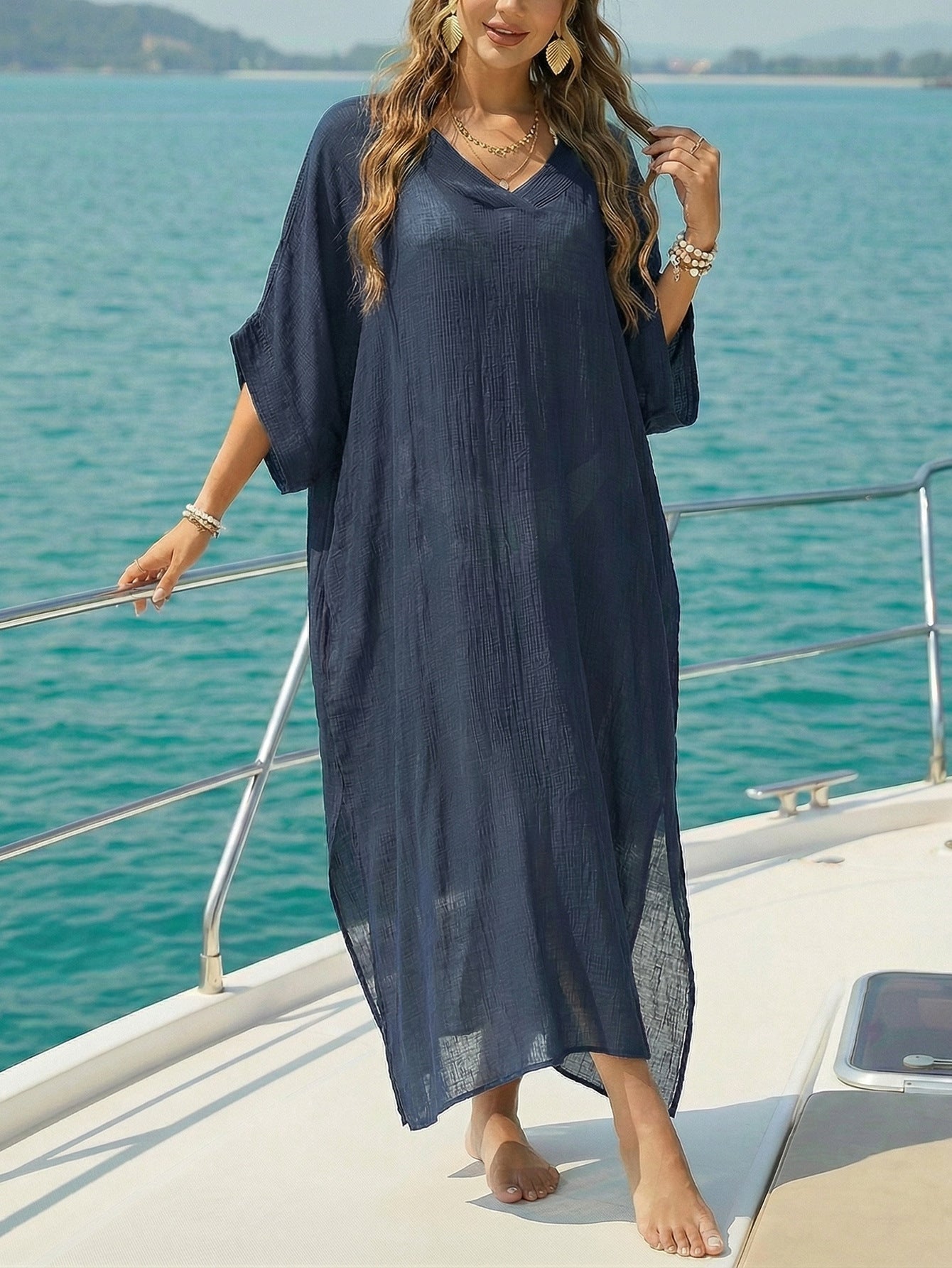 Women Beach Cover up Summer Women V neck Loose Casual Dress Split Mop Dress by Ragazza