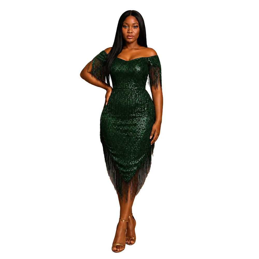 Fashionable Sexy off Shoulder Irregular Asymmetric Tassel Dress Sequin Small Dress  DestGlow