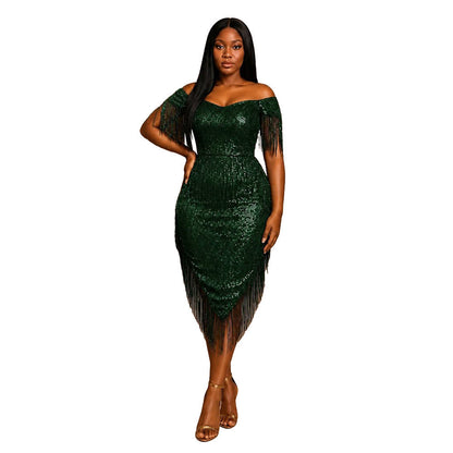 Fashionable Sexy off Shoulder Irregular Asymmetric Tassel Dress Sequin Small Dress  DestGlow