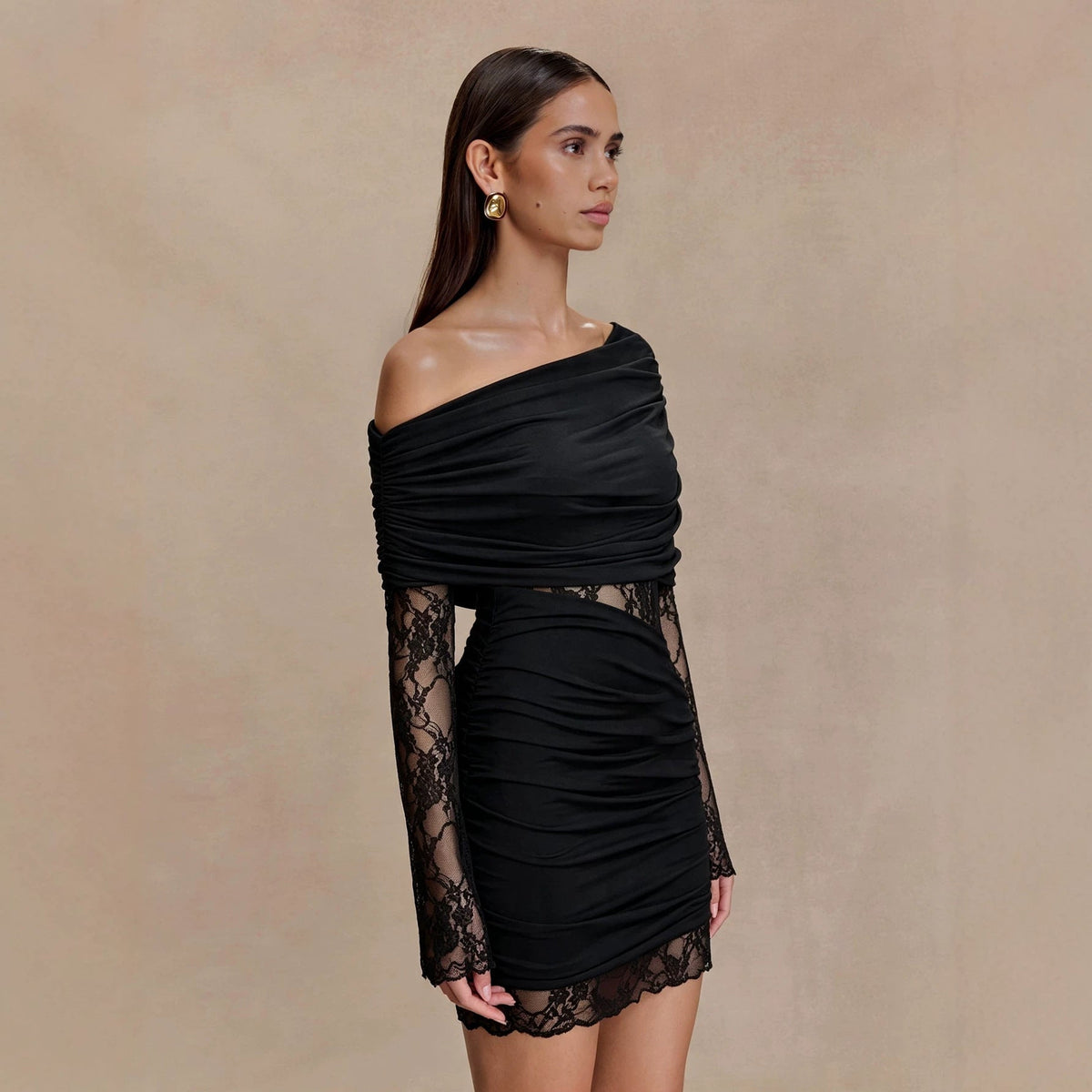 Sexy Shoulder Long Sleeve Dress Women Lace Patchwork Waist Slimming Slimming Hip Dress  DestGlow