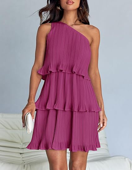 Spring Summer Women Clothing Oblique Shoulder Layered Stitching Hem Solid Color Dress Women by Ragazza