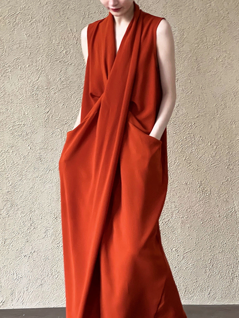 Elegant V neck Sleeveless Twisted Waist Dress Women Slimming Irregular Asymmetric High Grade Hong Kong Long Dress by Ragazza