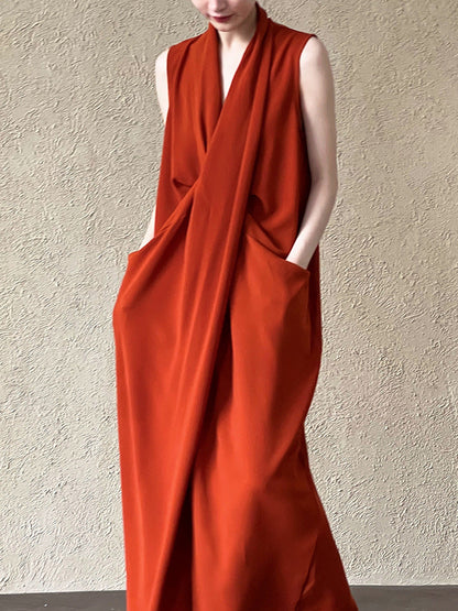 Elegant V neck Sleeveless Twisted Waist Dress Women Slimming Irregular Asymmetric High Grade Hong Kong Long Dress by Ragazza