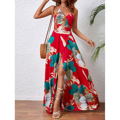 Real Shot Tropical Printing Thigh Fork Sling Dress by Ragazza