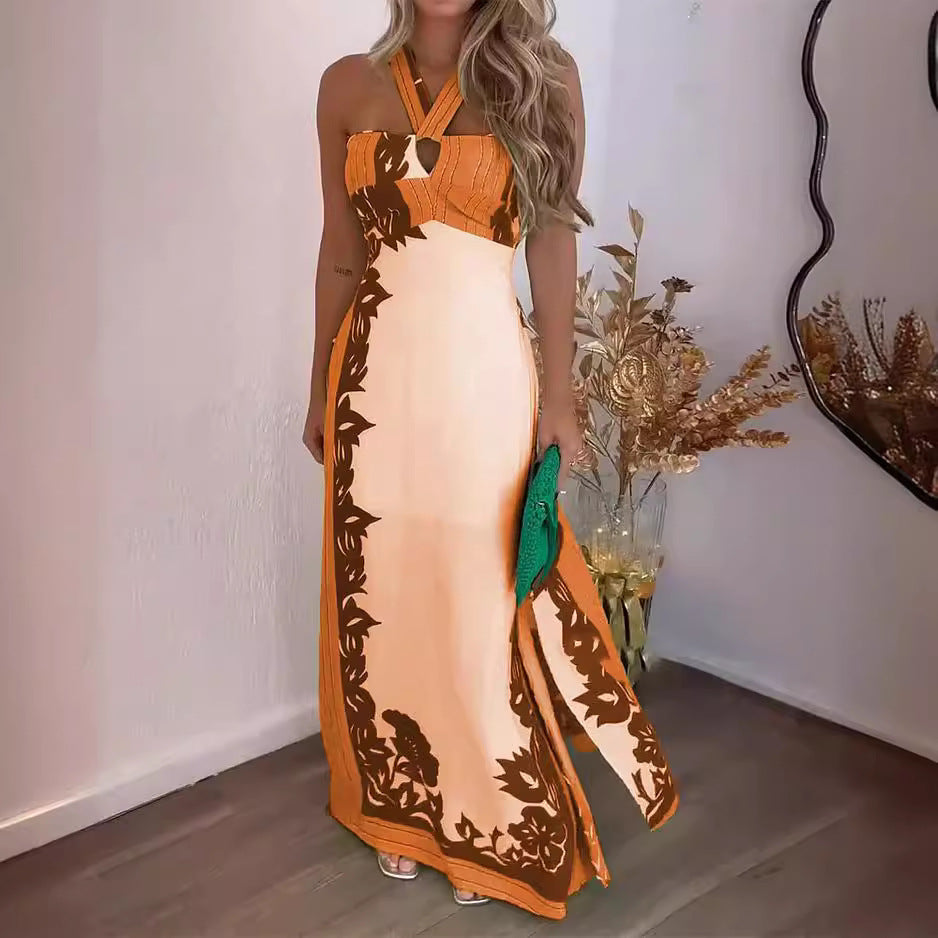 Women Clothing Summer Halter Sexy Color Block Vacation Beach Long Printed Dress  DestGlow