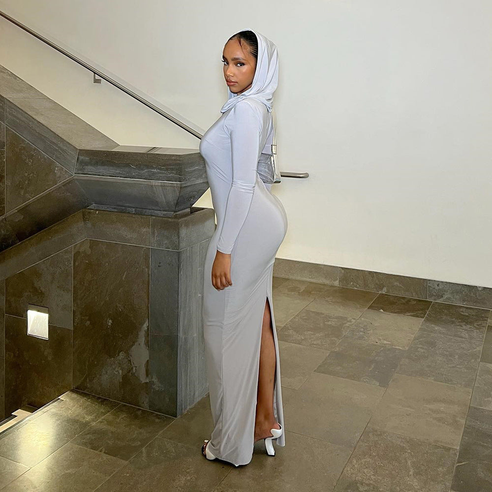 Women Clothing Summer Hooded High Elastic Long Sleeve Split Elegant Slim Dress by Ragazza