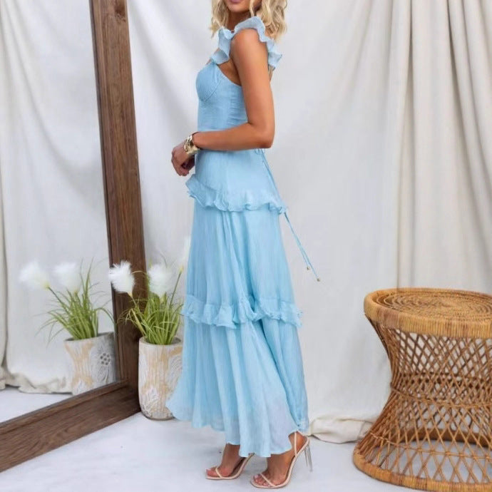 Summer Women Clothing Solid Color Elegant Graceful Ruffled Dress by Ragazza