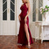 Mesh Halter Tied Dress Sexy Backless High Slit Pleated Slim Hip Dress by Ragazza