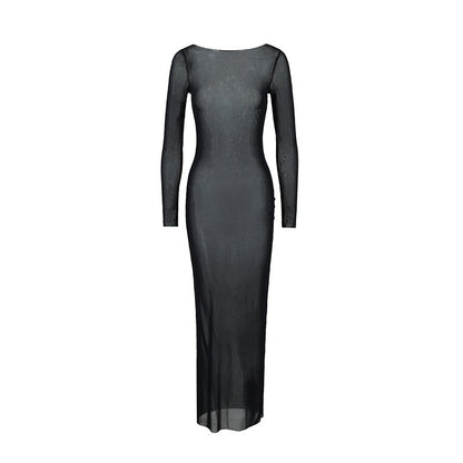 Summer Sexy Slim Mesh See through off Shoulder Long Sleeve Maxi Dress  DestGlow