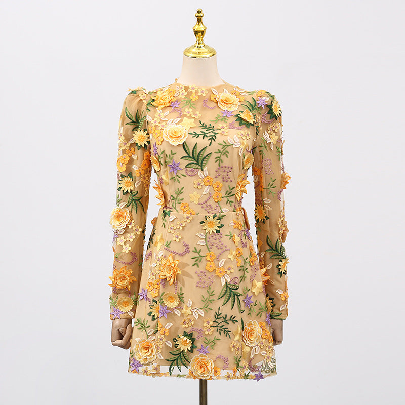 Heavy Industry Three Dimensional Floral Embroidered Slim Long Sleeve Short Dress Women by Ragazza