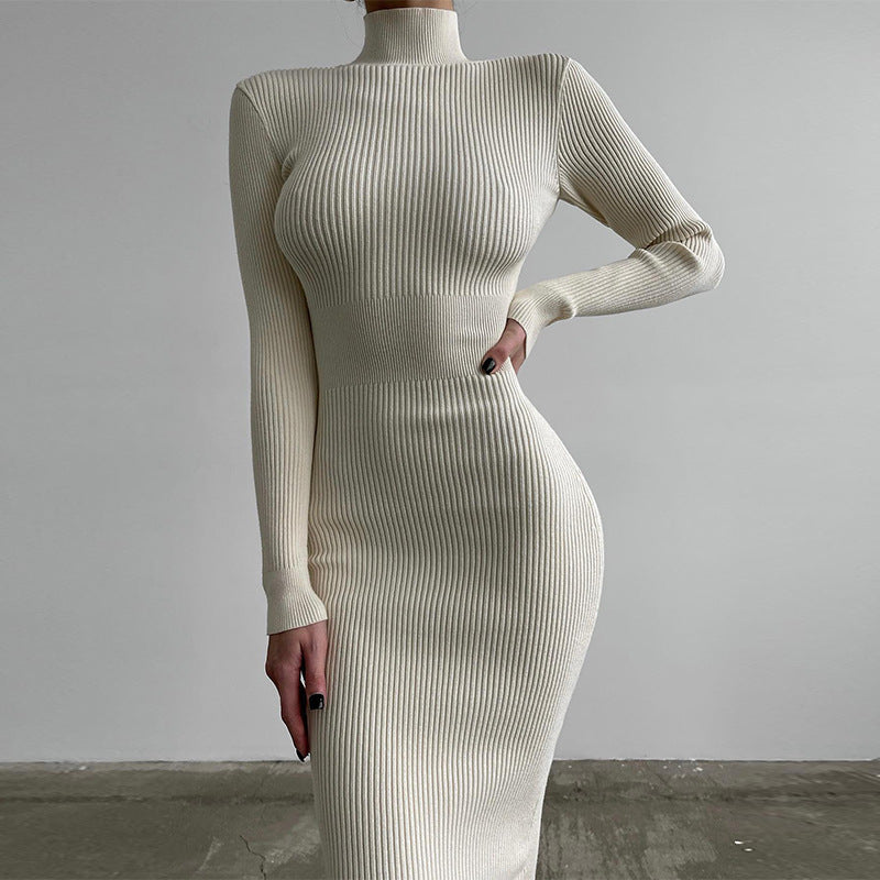 High Collar Mid Length Sunken Stripe Knitted Dress Women Solid Color Wool Tight Sexy Autumn Winter Dress by Ragazza