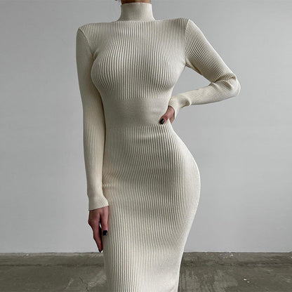 High Collar Mid Length Sunken Stripe Knitted Dress Women Solid Color Wool Tight Sexy Autumn Winter Dress by Ragazza