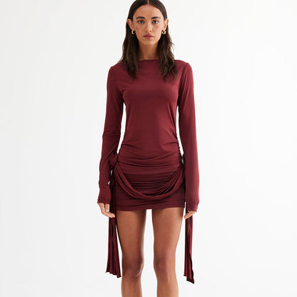 Solid Color Long Sleeve round Neck Slim Fitting Patchwork Ribbon All Match Floral Dress by Ragazza